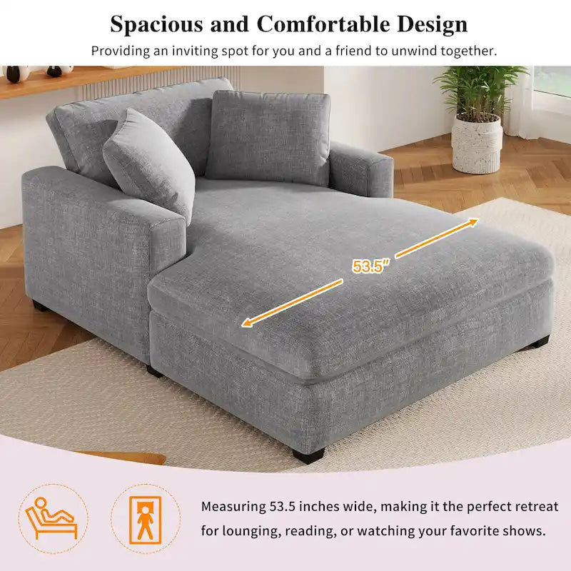 Gray Modern 53.5 Chaise Lounge Chair with Solid Wood Legs and Pillows for Living Room