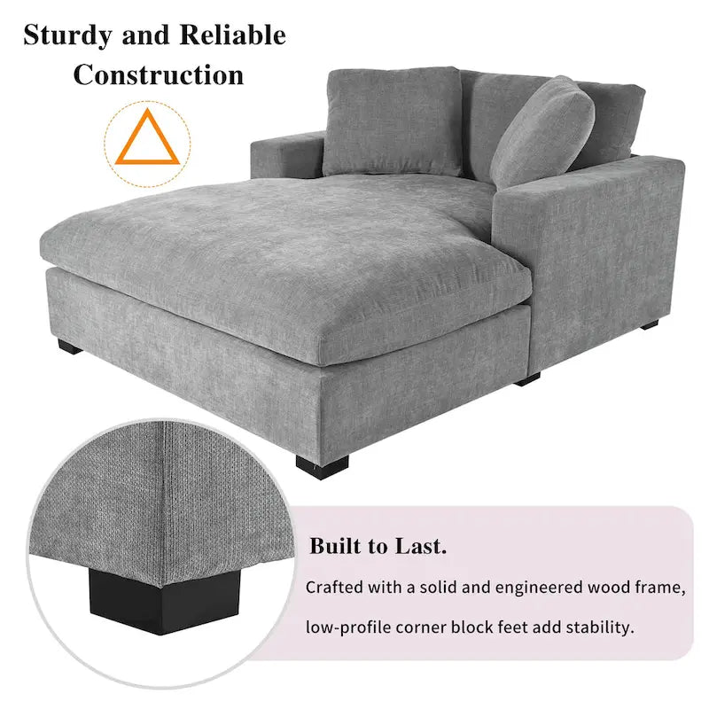 Gray Modern 53.5 Chaise Lounge Chair with Solid Wood Legs and Pillows for Living Room