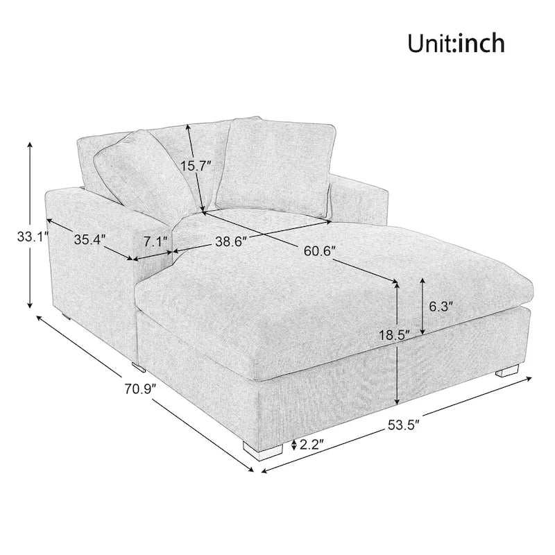 Gray Modern 53.5 Chaise Lounge Chair with Solid Wood Legs and Pillows for Living Room