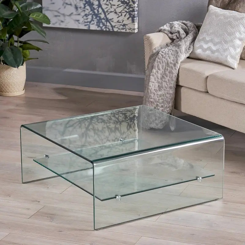 Square Tempered Glass Coffee Table with Storage Shelf
