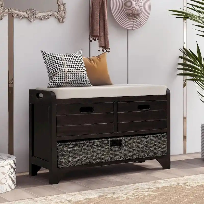 Rustic Storage Bench with Removable Basket, 2 Drawers & Cushion Top