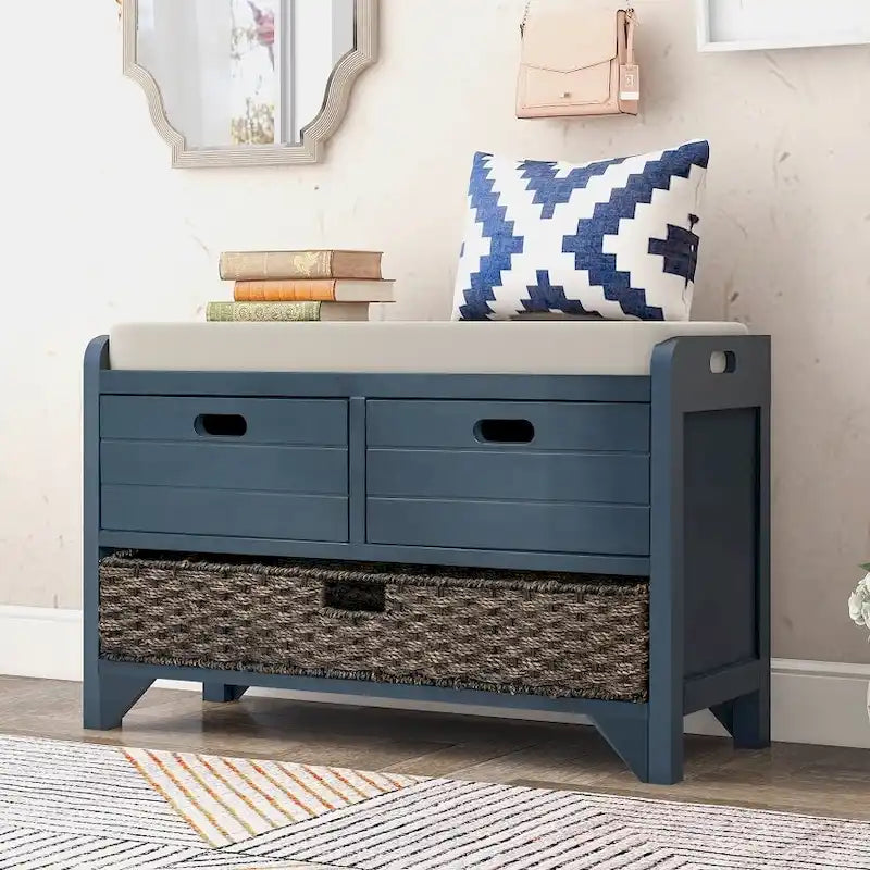 Rustic Storage Bench with Removable Basket, 2 Drawers & Cushion Top