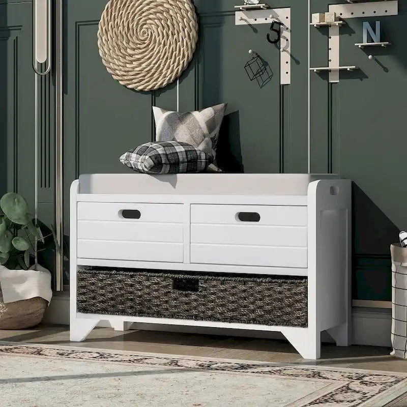 Rustic Storage Bench with Removable Basket, 2 Drawers & Cushion Top