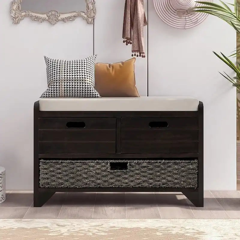 Rustic Storage Bench with Removable Basket, 2 Drawers & Cushion Top