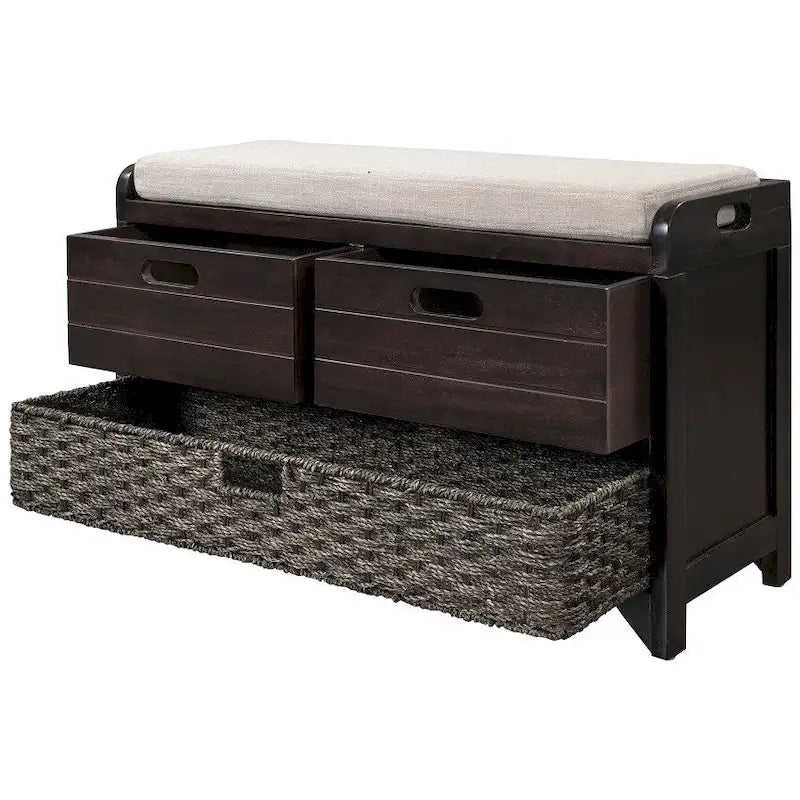 Rustic Storage Bench with Removable Basket, 2 Drawers & Cushion Top