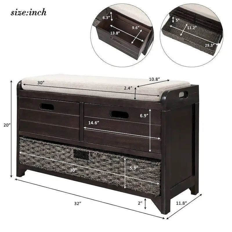 Rustic Storage Bench with Removable Basket, 2 Drawers & Cushion Top