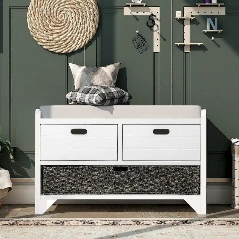 Rustic Storage Bench with Removable Basket, 2 Drawers & Cushion Top