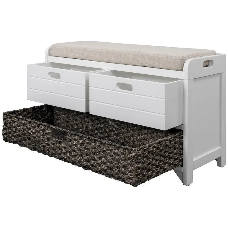 Rustic Storage Bench with Removable Basket, 2 Drawers & Cushion Top
