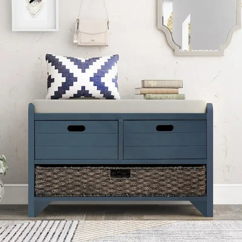 Rustic Storage Bench with Removable Basket, 2 Drawers & Cushion Top