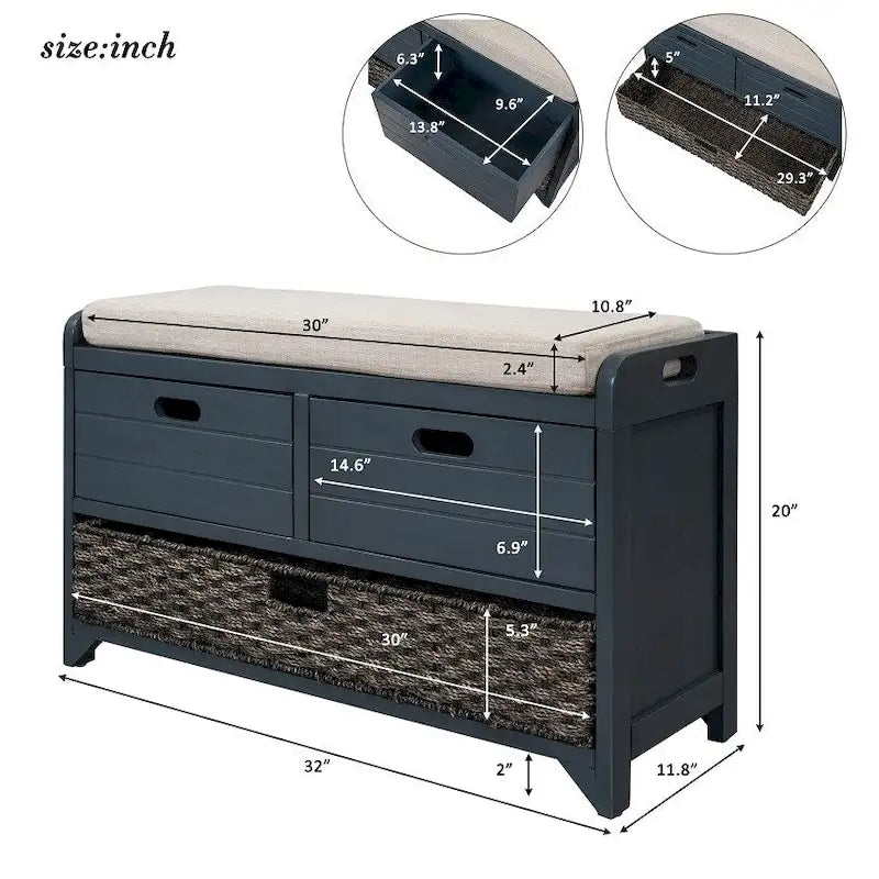 Rustic Storage Bench with Removable Basket, 2 Drawers & Cushion Top