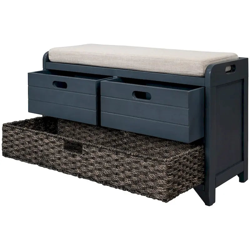 Rustic Storage Bench with Removable Basket, 2 Drawers & Cushion Top