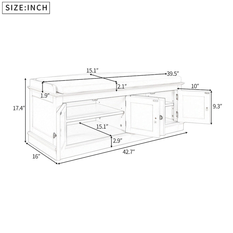 Storage Bench with 4 Doors and Adjustable Shelves