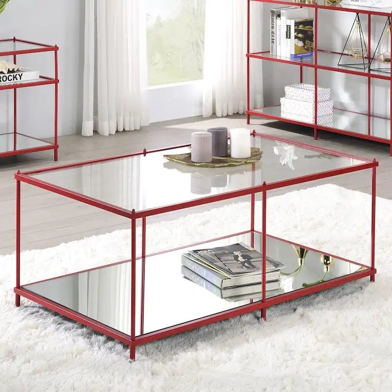 Contemporary 42" Glass Coffee Table with Mirror Accents and Display Shelf