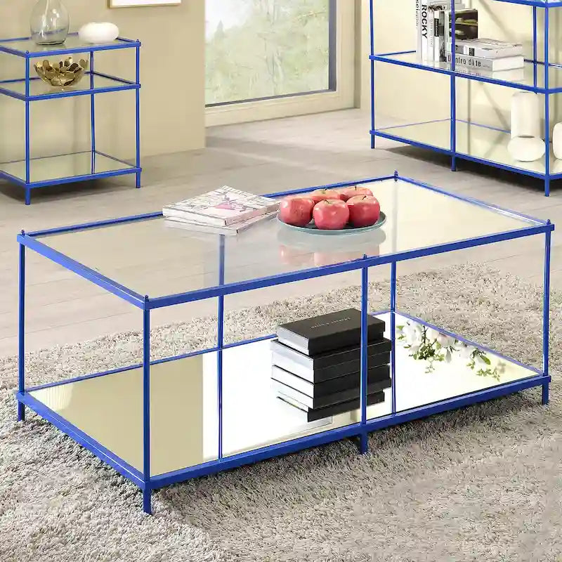 Contemporary 42" Glass Coffee Table with Mirror Accents and Display Shelf