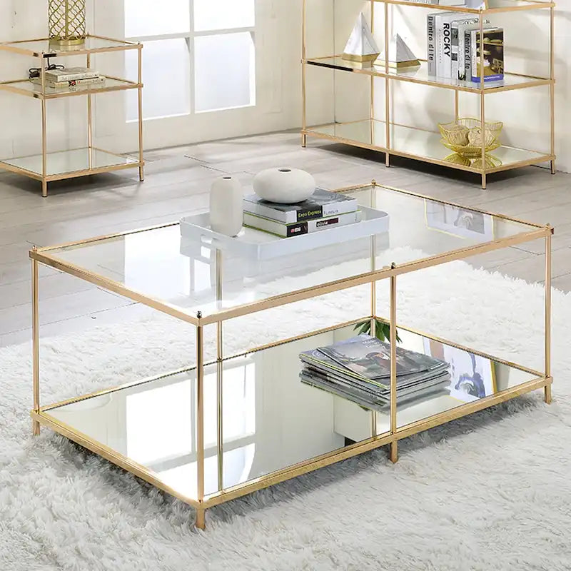 Contemporary 42" Glass Coffee Table with Mirror Accents and Display Shelf