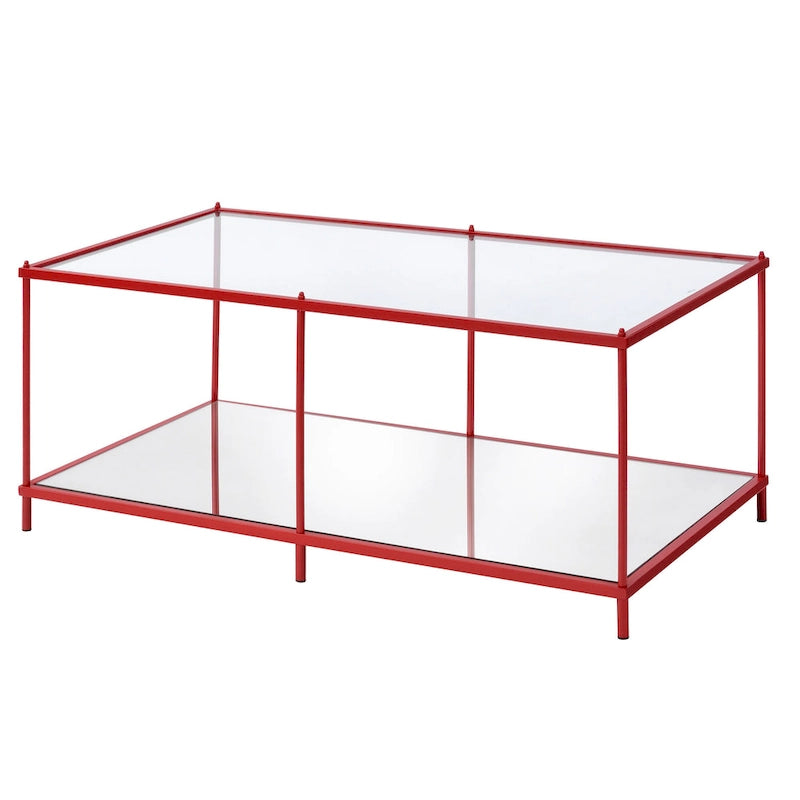 Contemporary 42" Glass Coffee Table with Mirror Accents and Display Shelf