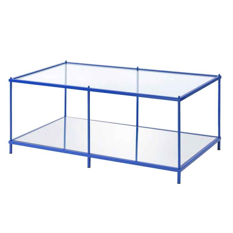 Contemporary 42" Glass Coffee Table with Mirror Accents and Display Shelf