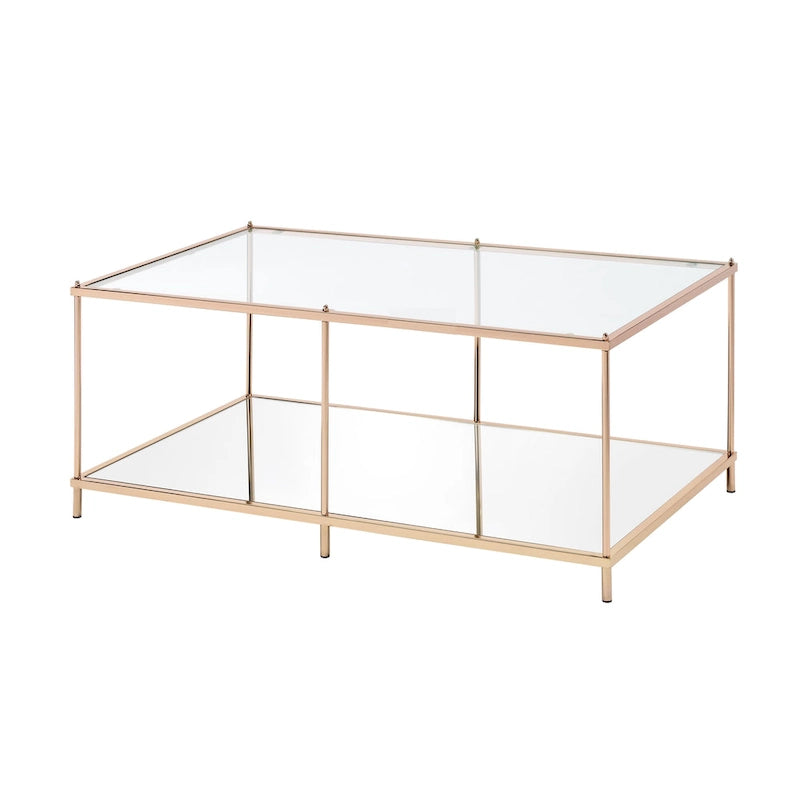 Contemporary 42" Glass Coffee Table with Mirror Accents and Display Shelf