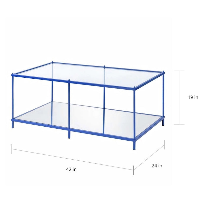 Contemporary 42" Glass Coffee Table with Mirror Accents and Display Shelf