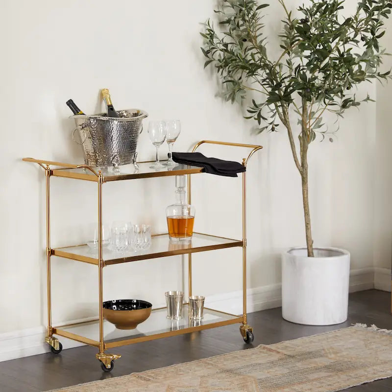 Metal Rolling Bar Cart with 3 Glass Shelves and Lockable Wheels - Brass