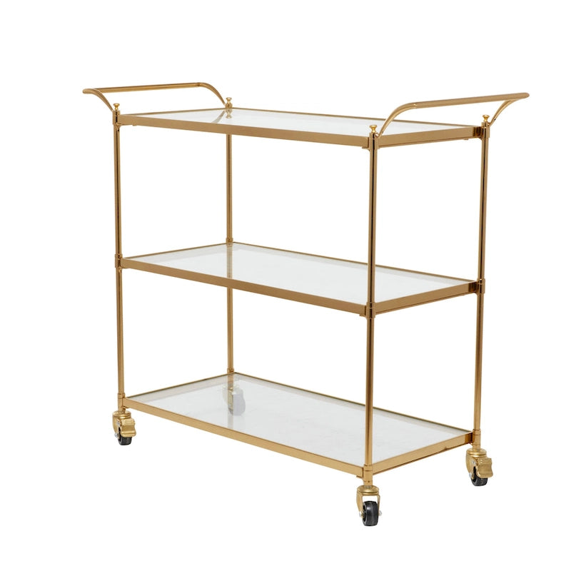 Metal Rolling Bar Cart with 3 Glass Shelves and Lockable Wheels - Brass