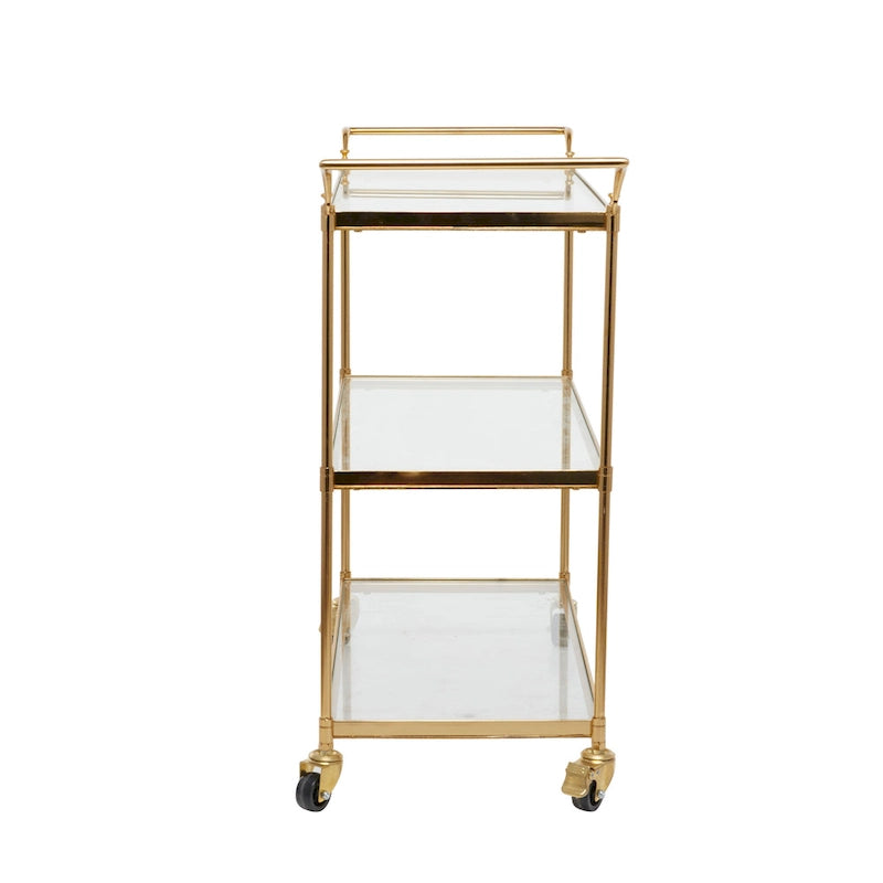 Metal Rolling Bar Cart with 3 Glass Shelves and Lockable Wheels - Brass