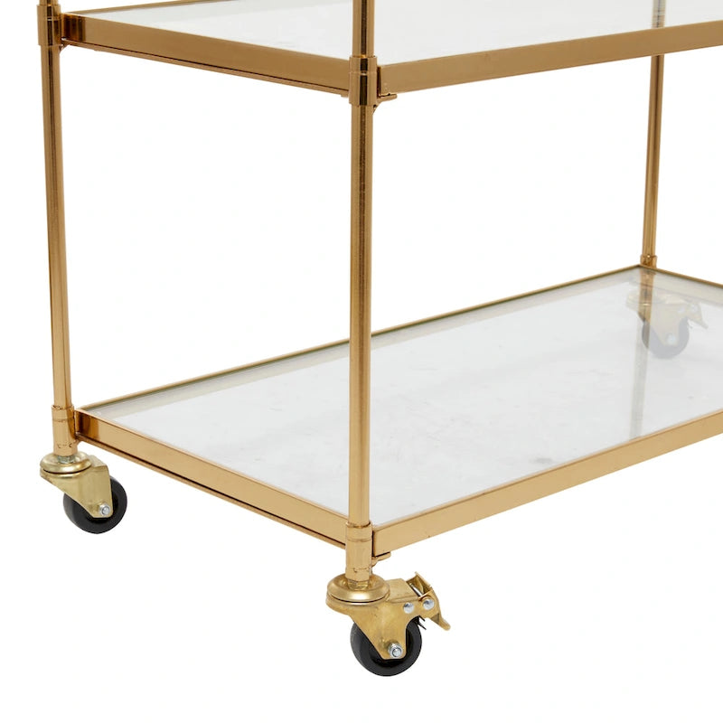 Metal Rolling Bar Cart with 3 Glass Shelves and Lockable Wheels - Brass
