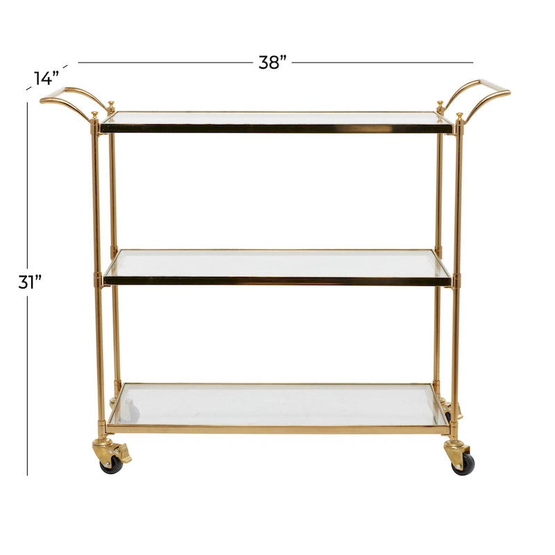 Metal Rolling Bar Cart with 3 Glass Shelves and Lockable Wheels - Brass