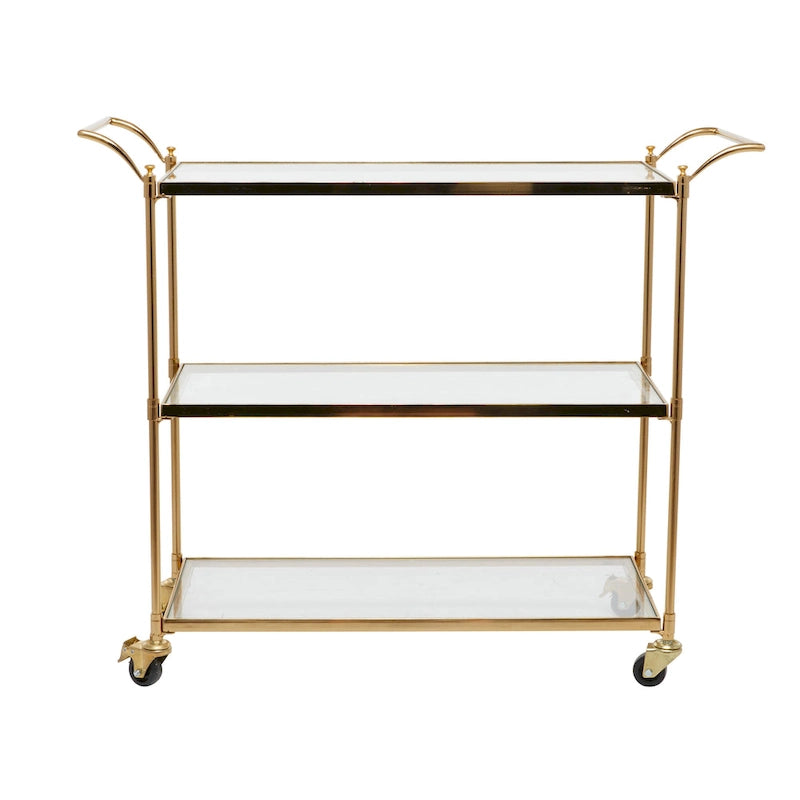 Metal Rolling Bar Cart with 3 Glass Shelves and Lockable Wheels - Brass