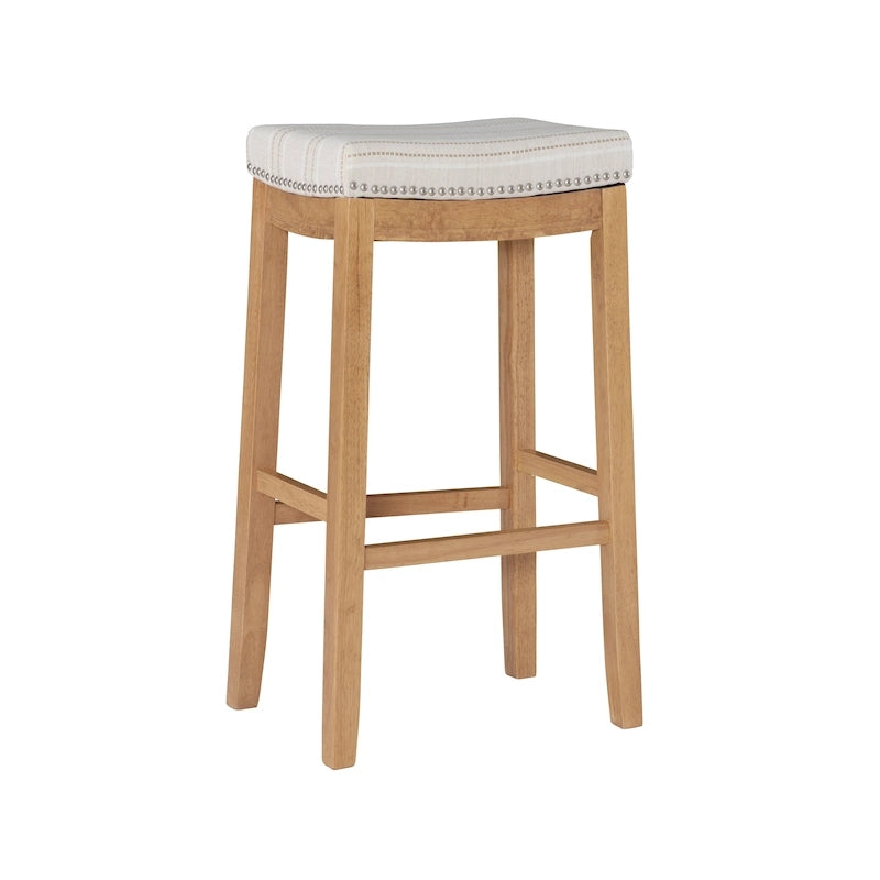 Rustic Striped Cream Bar Stool with Nailhead Trim