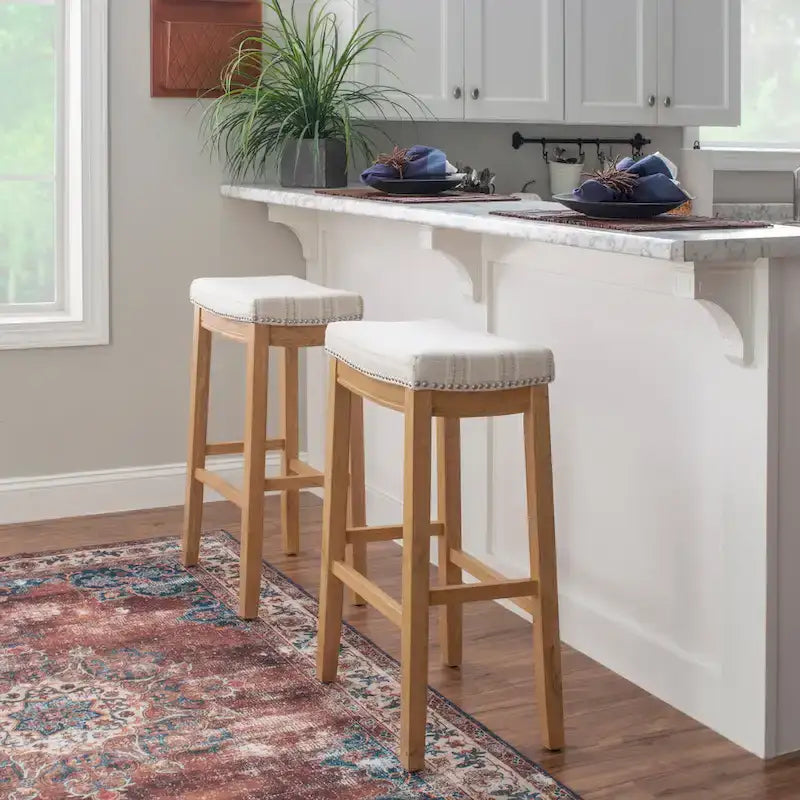 Rustic Striped Cream Bar Stool with Nailhead Trim