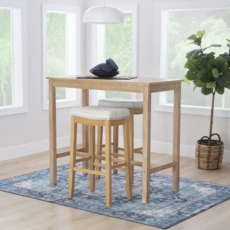 Rustic Striped Cream Bar Stool with Nailhead Trim