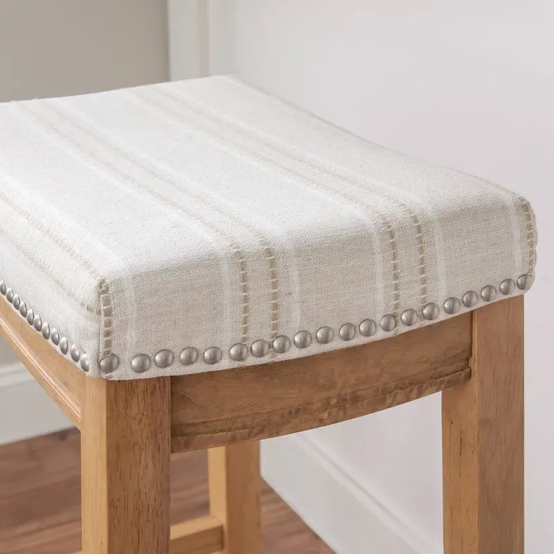 Rustic Striped Cream Bar Stool with Nailhead Trim