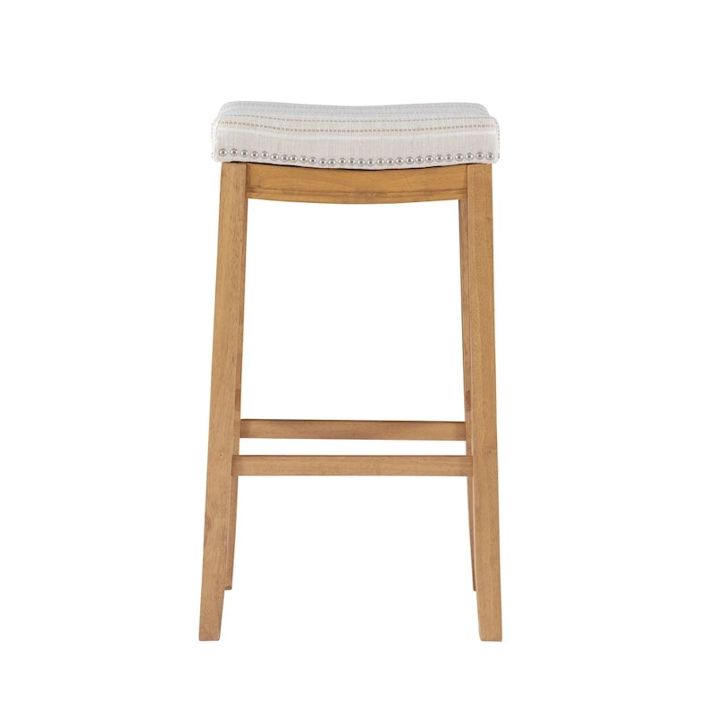 Rustic Striped Cream Bar Stool with Nailhead Trim