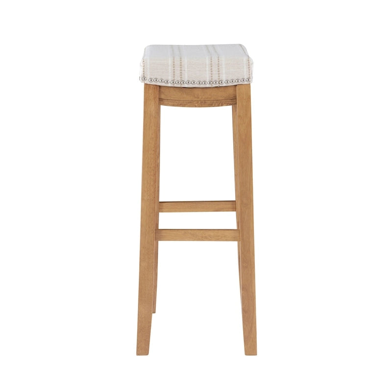 Rustic Striped Cream Bar Stool with Nailhead Trim