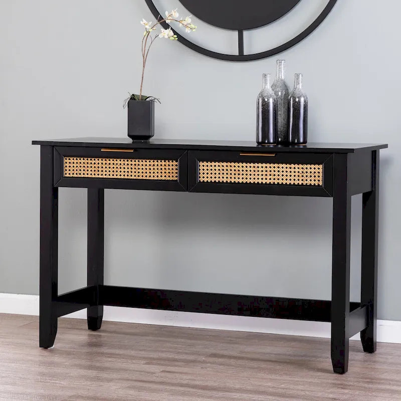 Mid-Century Modern Storage Console Table with Rattan Drawers
