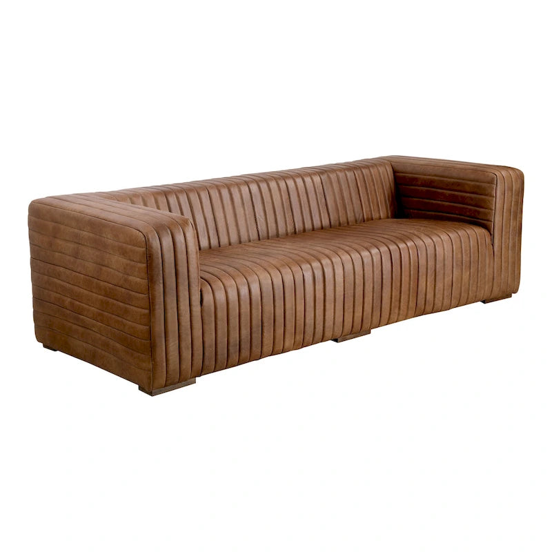 Rustic Channel-Stitched Top-Grain Leather Sofa