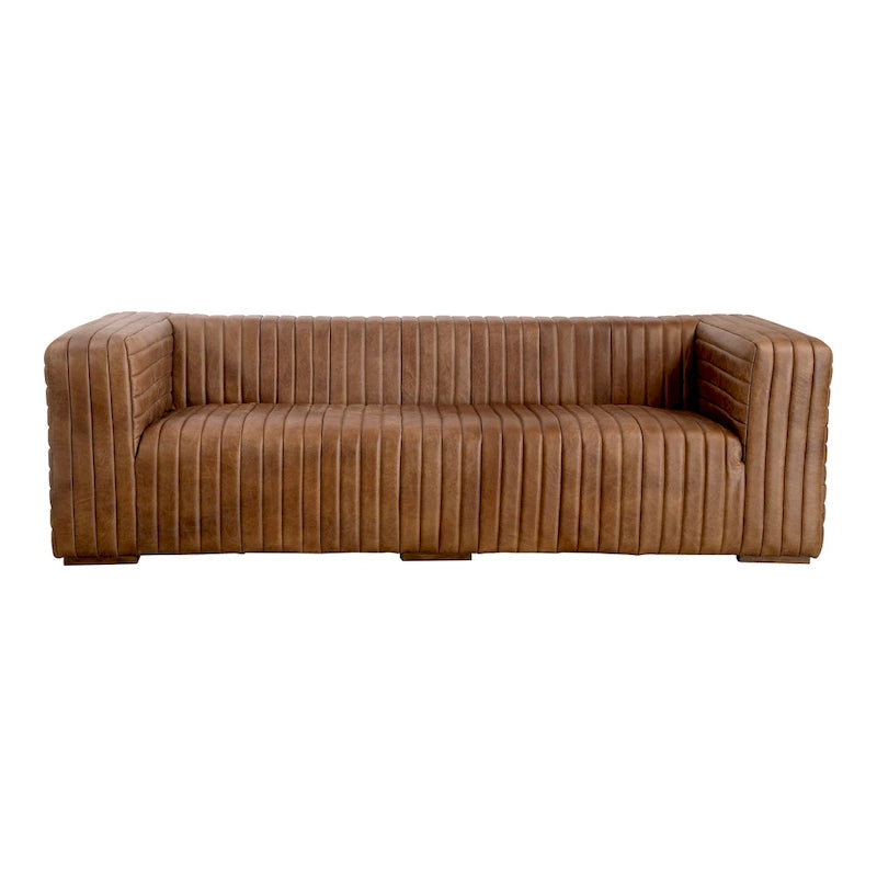 Rustic Channel-Stitched Top-Grain Leather Sofa