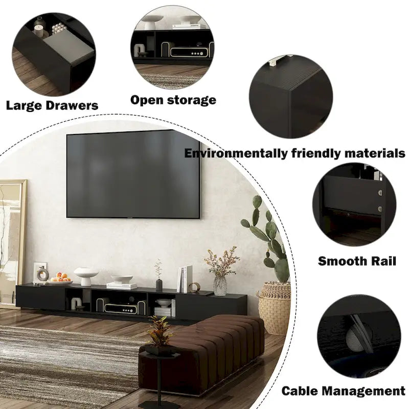 Meuble TV 229 cm avec tiroirs de rangement et gestion des câbles
