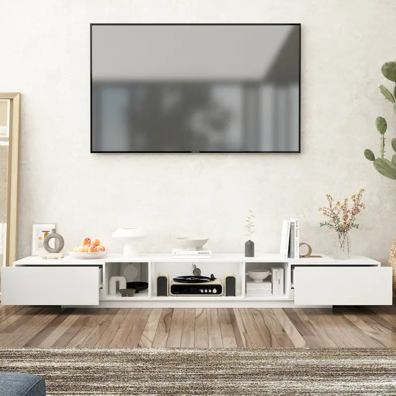 Meuble TV 229 cm avec tiroirs de rangement et gestion des câbles