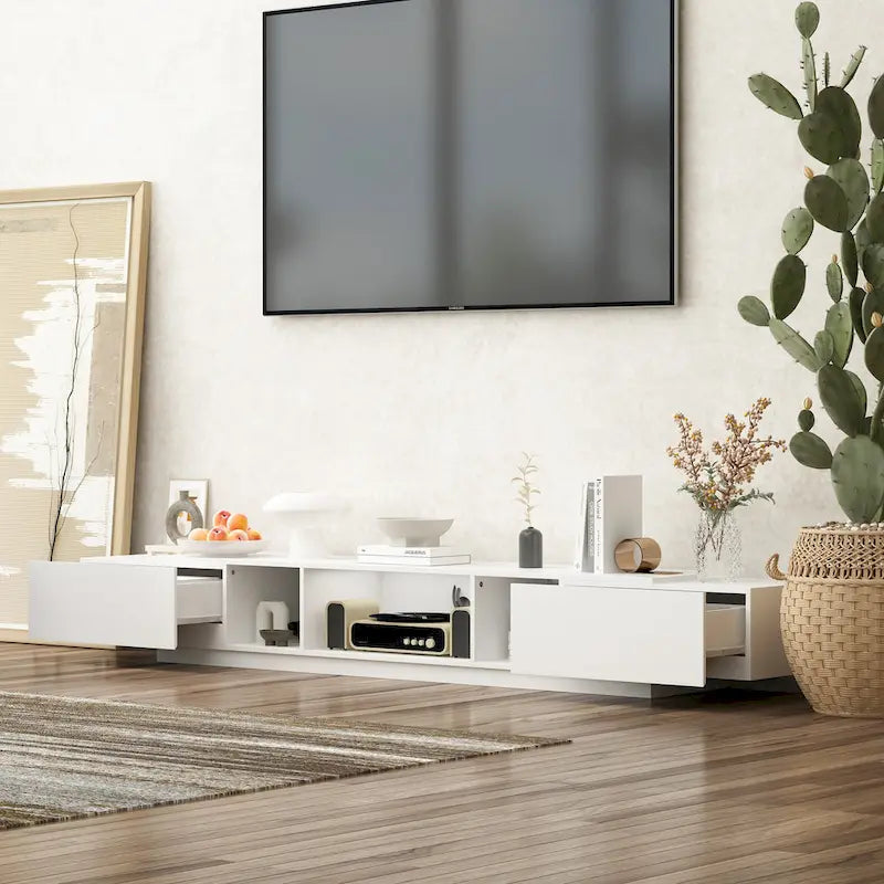 Meuble TV 229 cm avec tiroirs de rangement et gestion des câbles