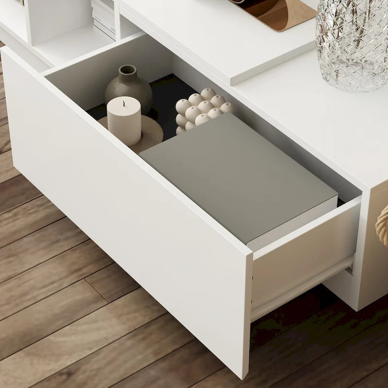 Meuble TV 229 cm avec tiroirs de rangement et gestion des câbles