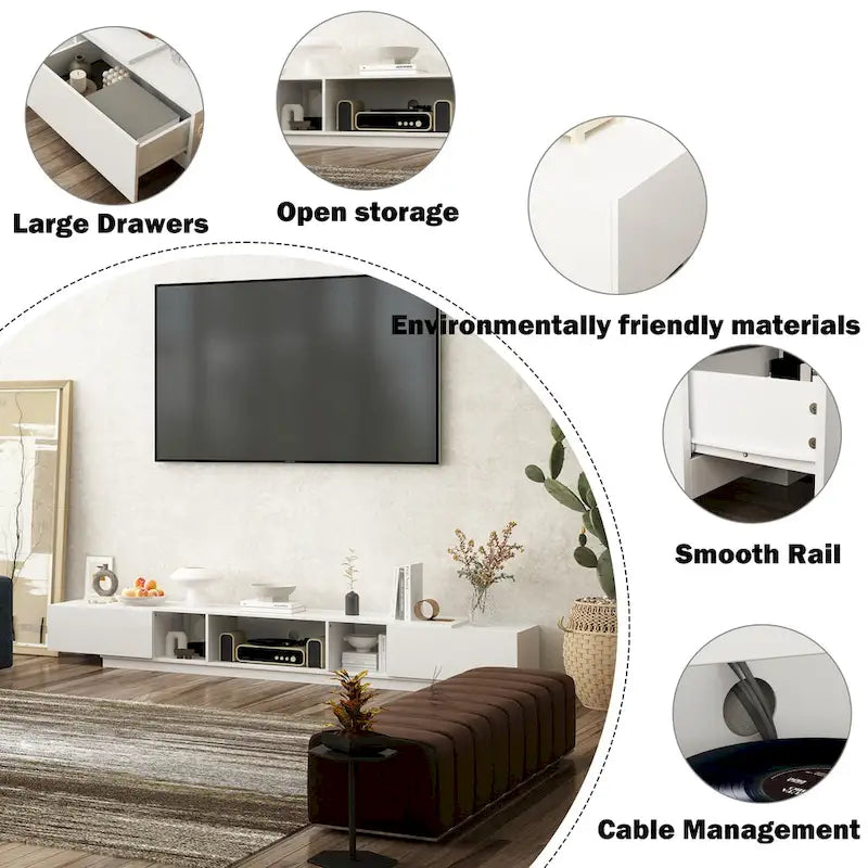 Meuble TV 229 cm avec tiroirs de rangement et gestion des câbles