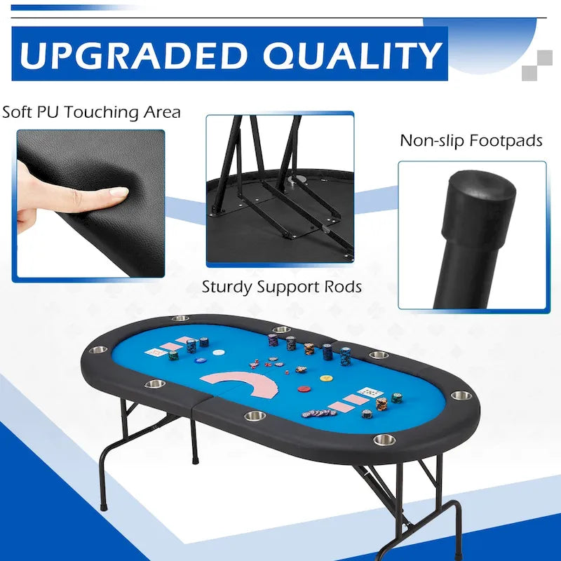 8-Player Foldable Game Poker Table with Cup Holders