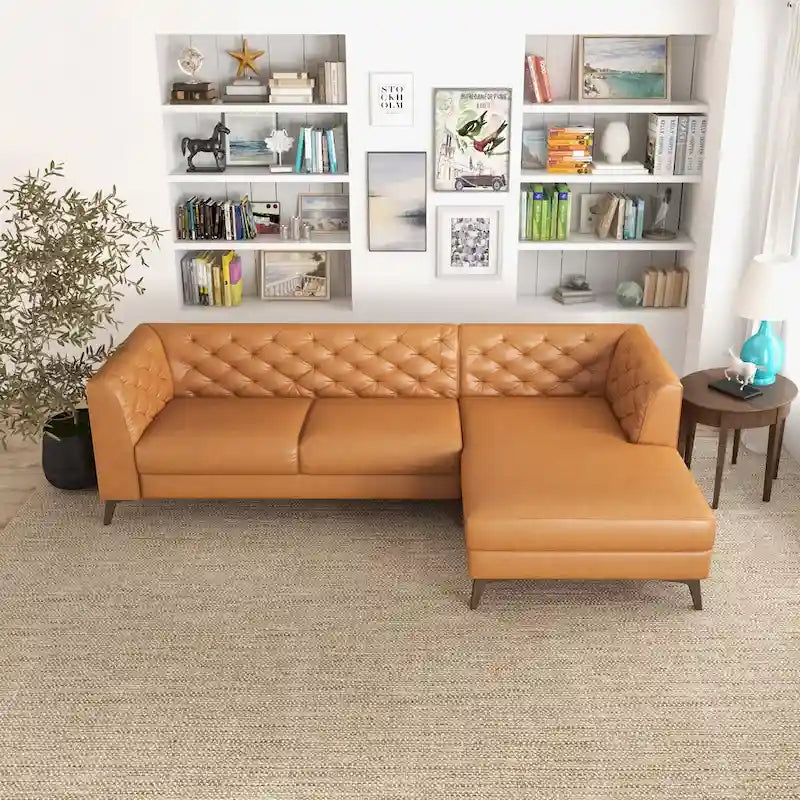 Modern Chesterfield Tufted Top-Grain Leather Corner Sectional Sofa in Cognac Tan