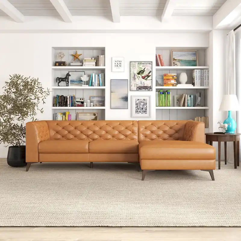 Modern Chesterfield Tufted Top-Grain Leather Corner Sectional Sofa in Cognac Tan