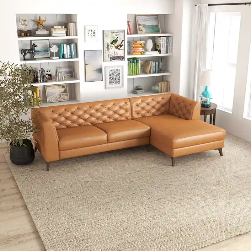 Modern Chesterfield Tufted Top-Grain Leather Corner Sectional Sofa in Cognac Tan