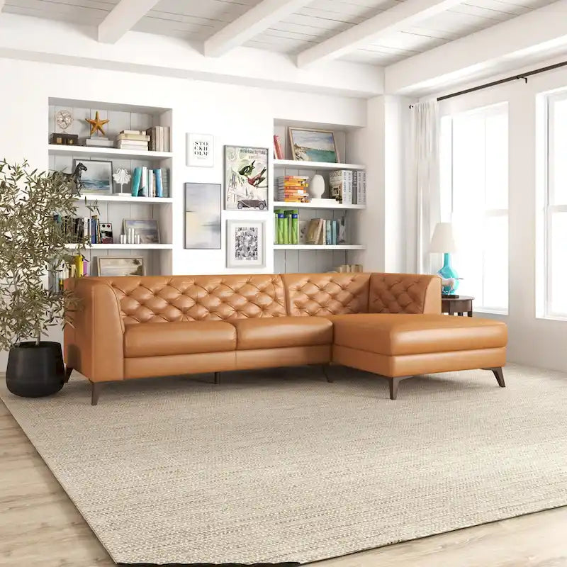 Modern Chesterfield Tufted Top-Grain Leather Corner Sectional Sofa in Cognac Tan
