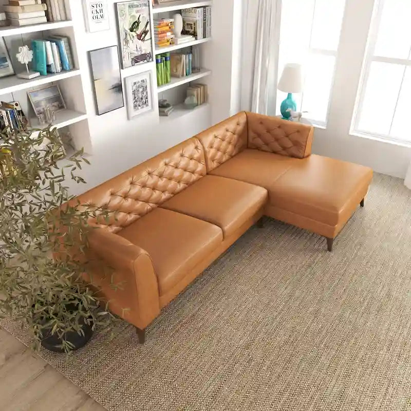 Modern Chesterfield Tufted Top-Grain Leather Corner Sectional Sofa in Cognac Tan