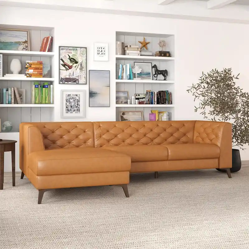 Modern Chesterfield Tufted Top-Grain Leather Corner Sectional Sofa in Cognac Tan
